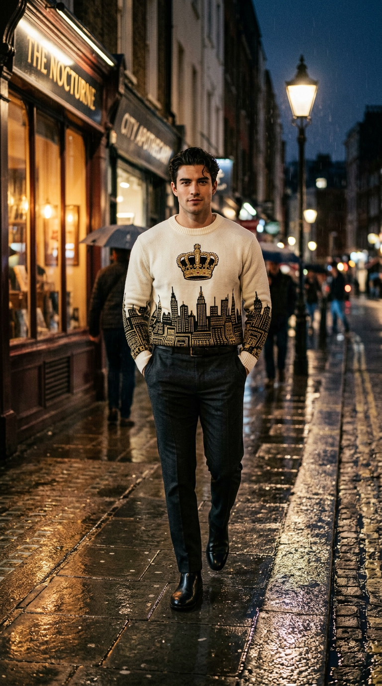 Man wearing the Midnight Crown jacquard knit sweater on a rainy night street
